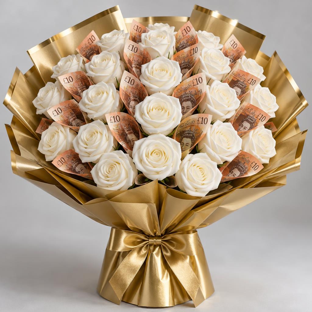 Studio Packshot: Centered minimalist composition of handcrafted velvet rose arrangements layered with crisp local legal tender, shot on a smooth seamless backdrop under diffused natural window lighting. The Medium Holiday Dome, £10 Jersey Note Line, concentric rose dome.