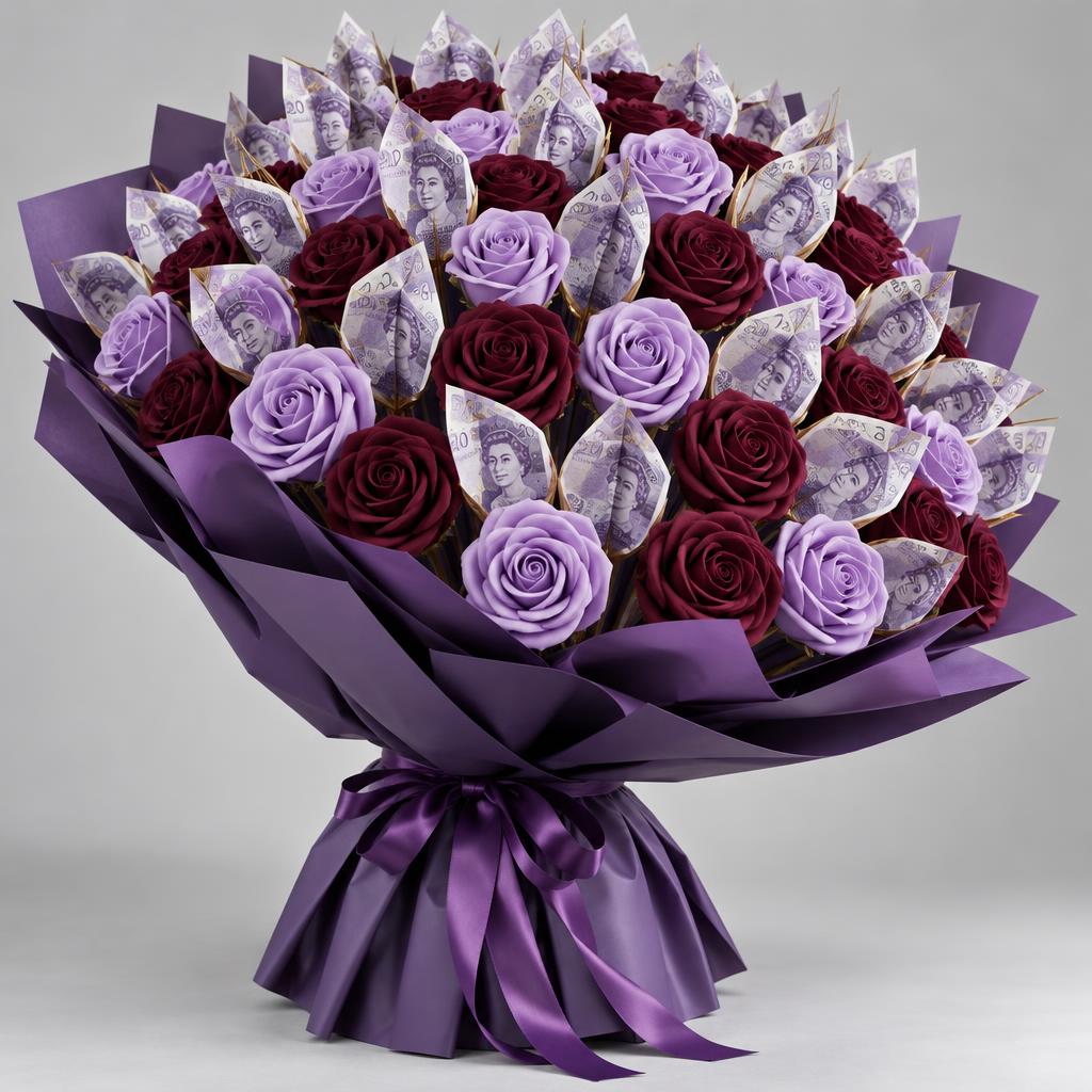 Studio Packshot: Centered minimalist composition of handcrafted velvet rose arrangements layered with crisp local legal tender, shot on a smooth seamless backdrop under diffused natural window lighting. The Large Flagship Showpiece, £20 Jersey Note Line, dense convex flagship dome.